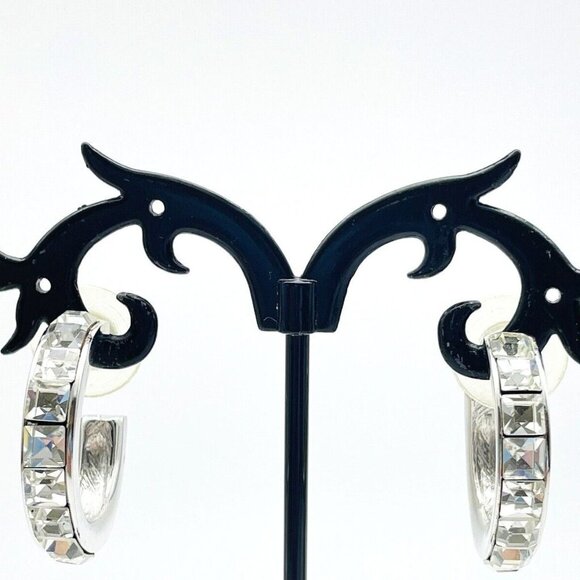GIVENCHY Chunky Rhinestone Hoop Earrings Silver Tone Glam Bling Sparkle Holiday - Picture 1 of 9